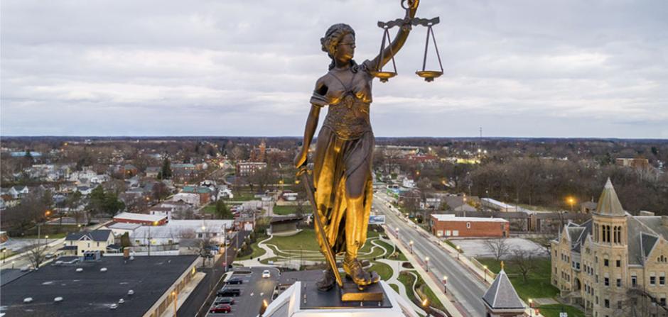 Lady Justice on the top of the Seneca County Justice Center