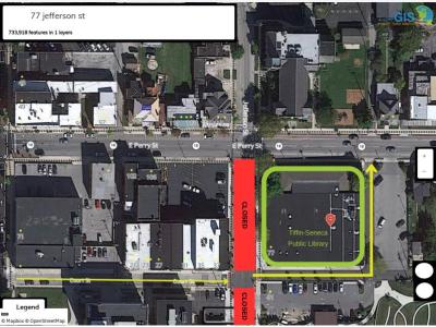 Map of Jefferson Street in downtown Tiffin showing closure and how to access around it