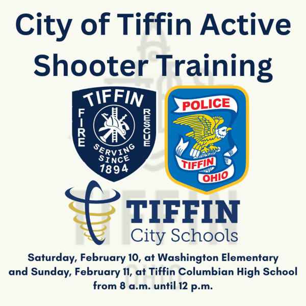 Notice for Active Shooter Training showing badges of the Tiffin Fire/Rescue Division and Tiffin Police Department