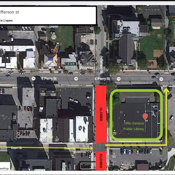 Map of Jefferson Street in downtown Tiffin showing closure and how to access around it