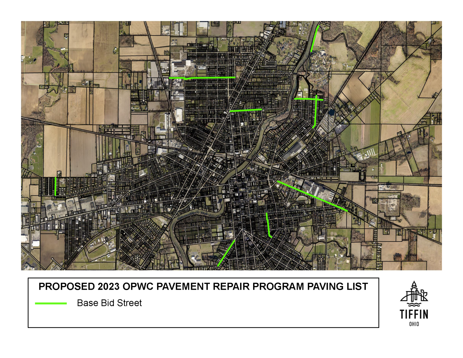 Image of City of Tiffin map with streets to be paved highlighted in green