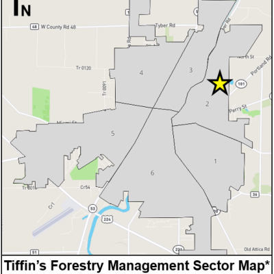 Map of Tiffin's Forestry Management sectors, including the location of the 41 newly planted trees