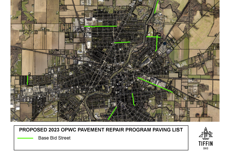 Map of the proposed routes to be paved in 2023 with affected streets highlighted in green.