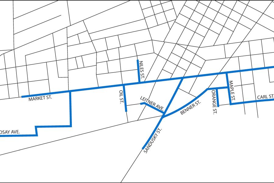 Map showing streets affected by Columbia gas pipeline project