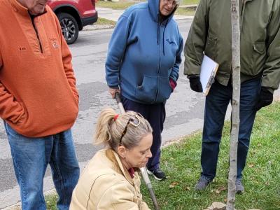 ODNR Arborist Steph Miller trains Tiffin Shade Tree Commission volunteers during planting on Ohio Ave.