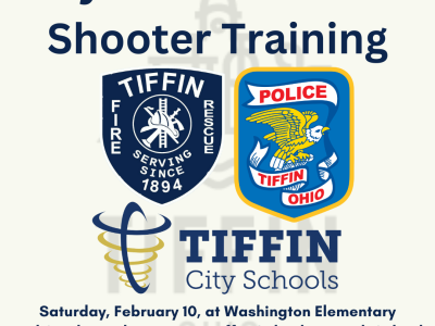 Notice for Active Shooter Training showing badges of the Tiffin Fire/Rescue Division and Tiffin Police Department
