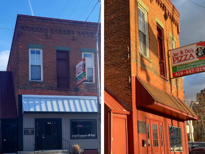 Downtown Tiffin pizzeria Jac and Do's after and before improvements, using funds from the Façade Enhancement Program