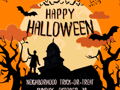 Image of Tiffin Court House with Happy Halloween banner above