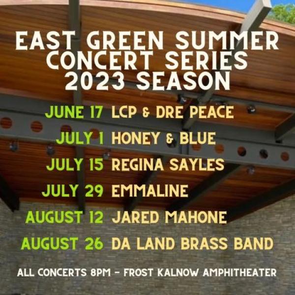 Poster showing dates of The Tiffin East Green Summer Concert Series Line Up 