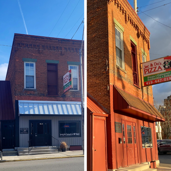 Downtown Tiffin pizzeria Jac and Do's after and before improvements, using funds from the Façade Enhancement Program