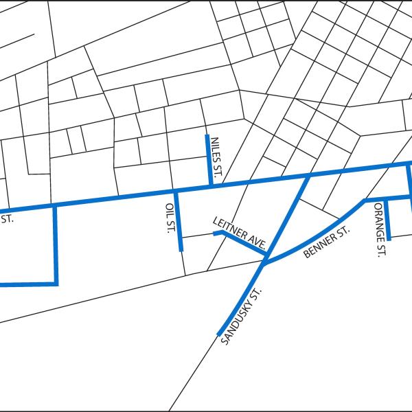 Map showing streets affected by Columbia gas pipeline project