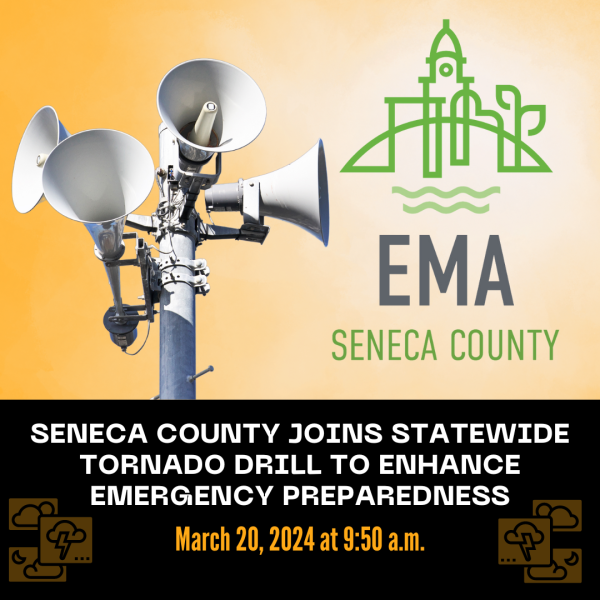 Image with Tornado Siren and logo for the Seneca County EMA