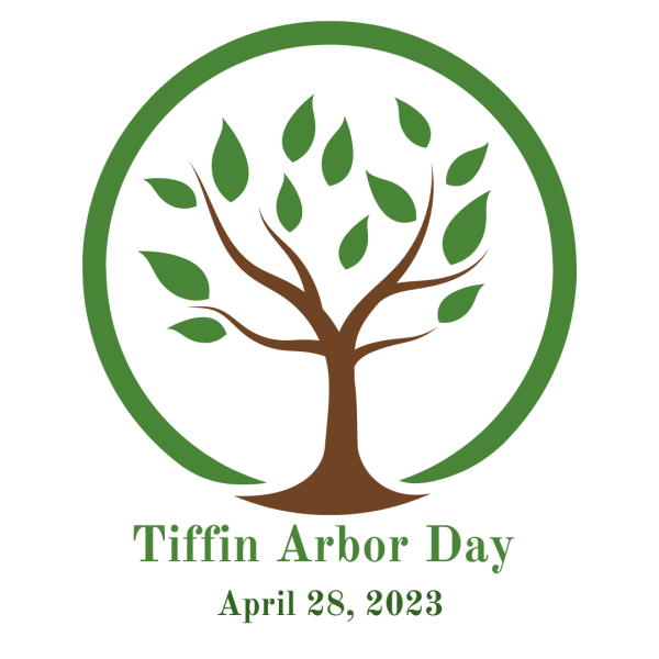 Tiffin Arbor Day 2023 Logo shows small tree with leaves surrounded in green circle